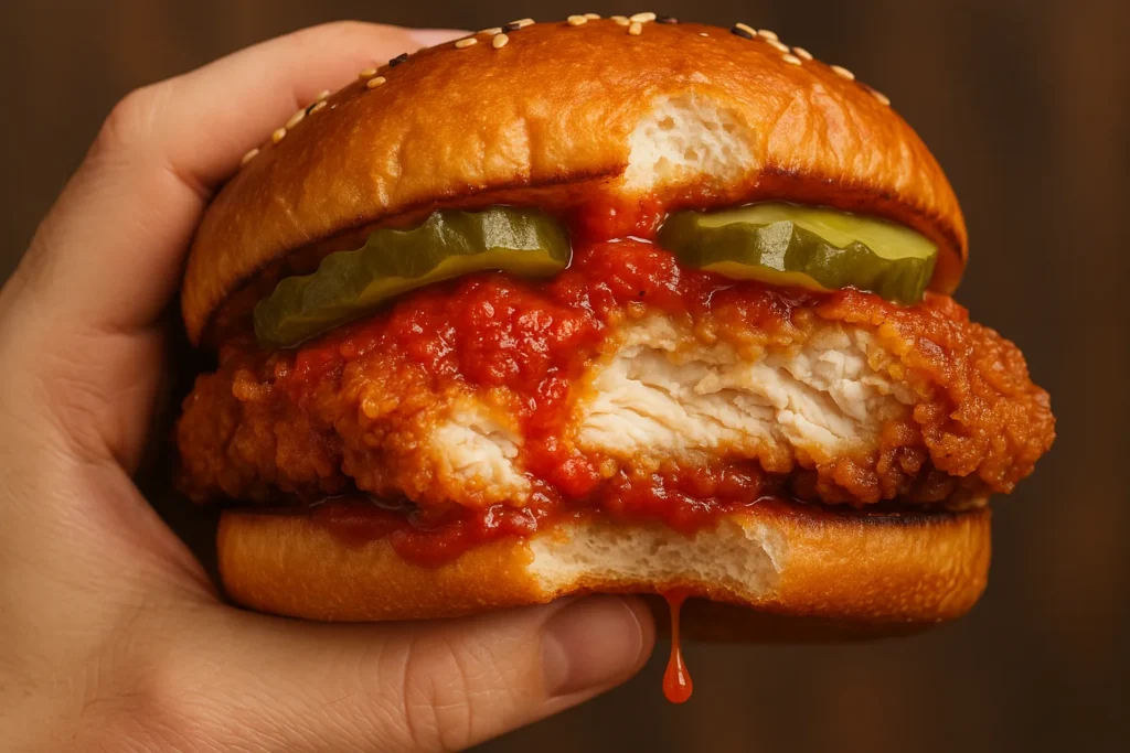 Close-up of someone taking a bite of the Popeyes Smokin' Rojo Sandwich with chicken, sauce, and pickles visible.
