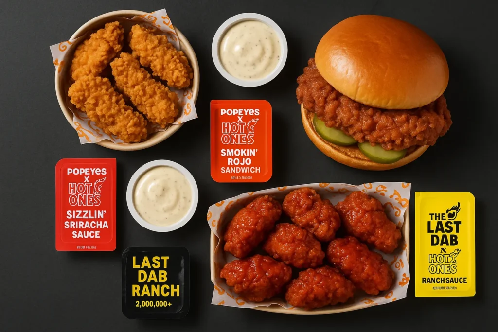 The Popeyes and Hot Ones bundle meal featuring Sriracha Dippers, Smokin' Rojo Sandwich, Ghost Wings, and signature sauce packets.