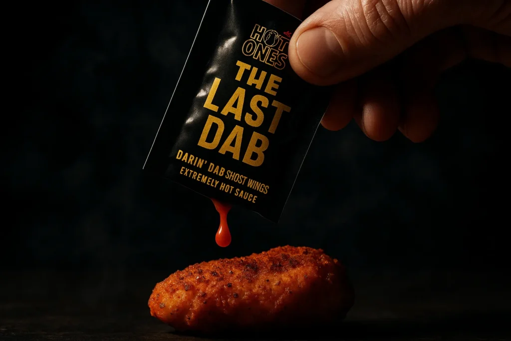 Extreme close-up of The Last Dab hot sauce packet from Hot Ones being drizzled onto a Popeyes ghost pepper wing.