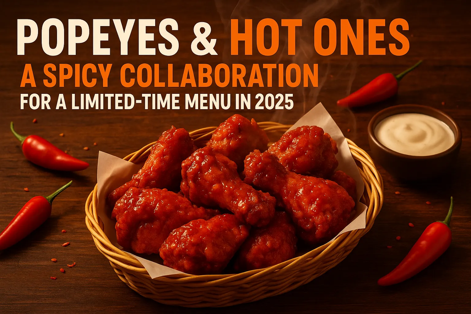 Feature image of Popeyes x Hot Ones collaboration showing spicy fried chicken wings with chili peppers and dipping sauce on a rustic wooden table, with bold text reading ‘Popeyes & Hot Ones: A Spicy Collaboration for a Limited-Time Menu in 2025’.