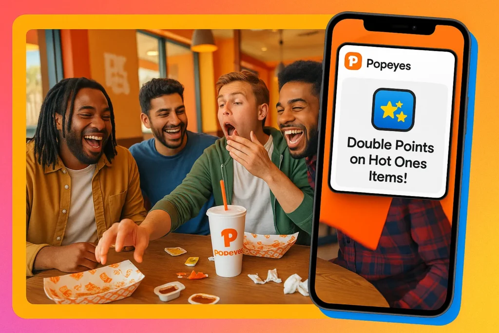 A group of friends enjoying the Popeyes Hot Ones challenge together, with a inset image of a phone showing the Popeyes app rewards notification.