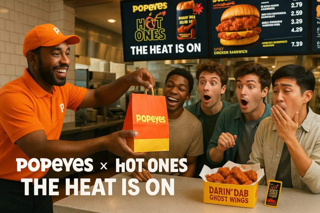 Popeyes x Hot Ones collaboration launch, showing a customer receiving their order with the limited-time menu on the digital board behind them.