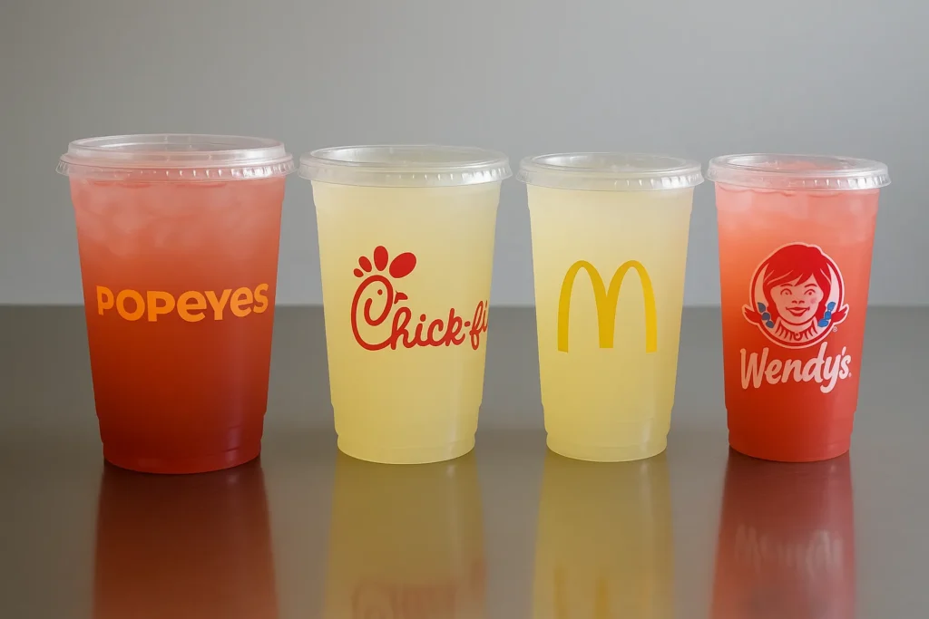 Comparison of lemonade cups from Popeyes, Chick-fil-A, McDonald's, and Wendy's.