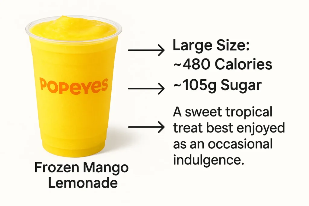 Infographic showing the nutrition facts for a large Popeyes Frozen Mango Lemonade, highlighting calories and sugar content.