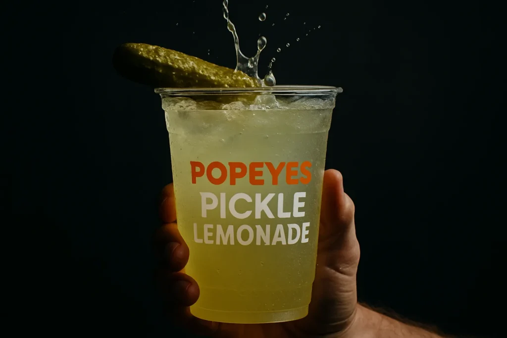Dramatic shot of the viral Popeyes Pickle Lemonade with a pickle spear on the rim.