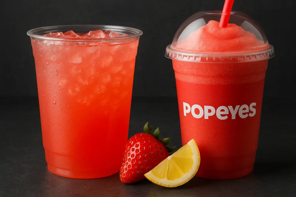 Close-up comparison of Popeyes chilled strawberry lemonade versus frozen strawberry lemonade.