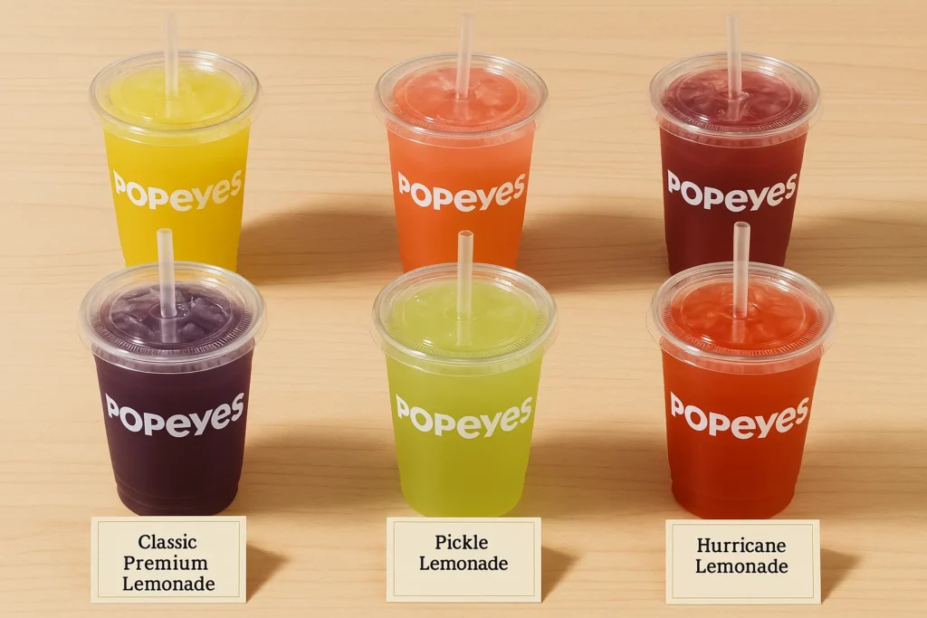 Assortment of Popeyes lemonade flavors including classic, strawberry, mango, blueberry, pickle, and hurricane in cups.