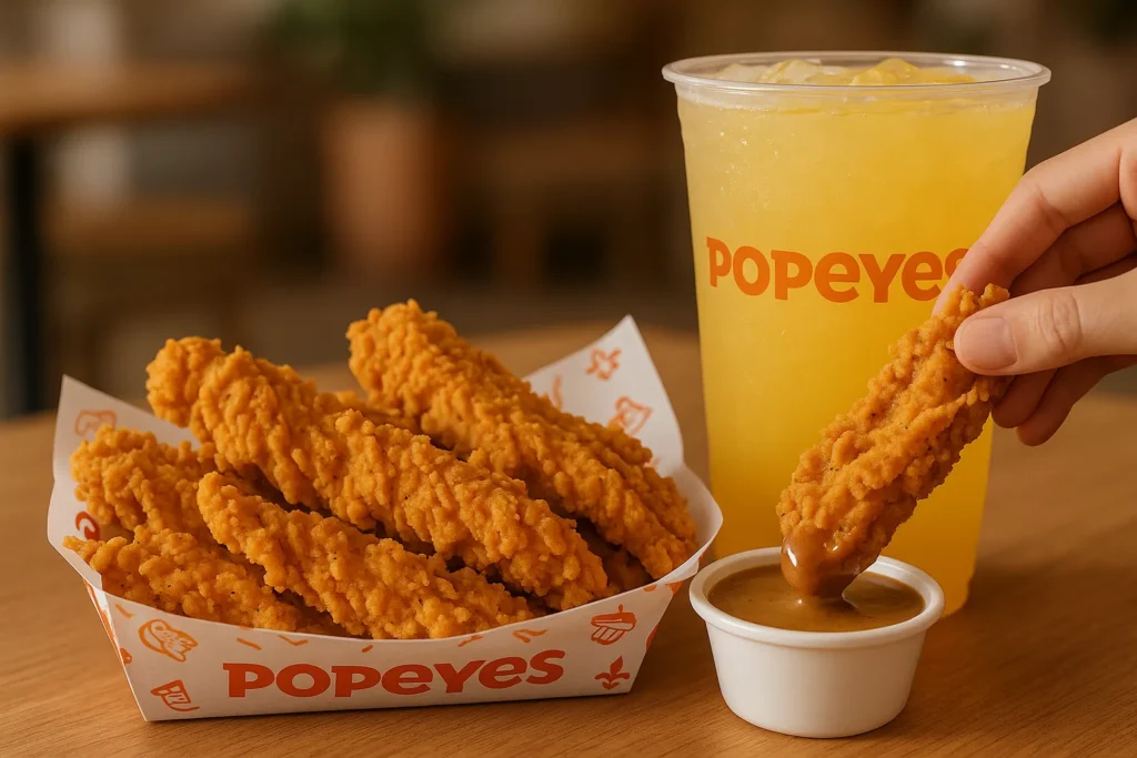 A basket of Popeyes Spicy Chicken Tenders paired with a large Popeyes Mango Lemonade.