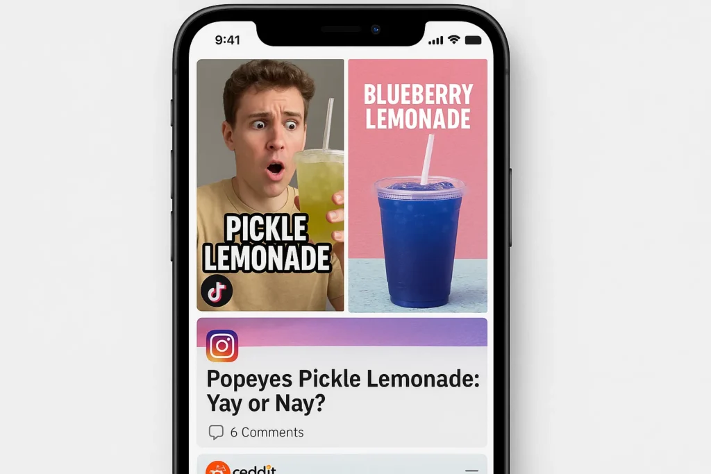 Collage of social media posts from TikTok, Instagram, and Reddit discussing viral Popeyes lemonade flavors.