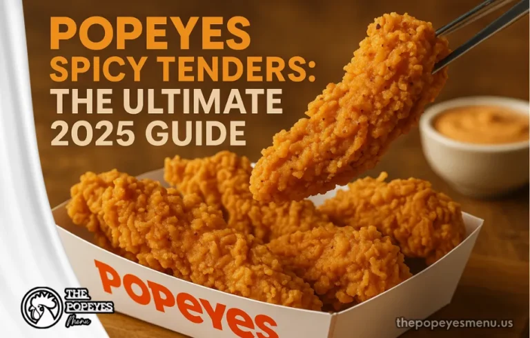 A close-up of crispy, golden Spicy Tenders Popeyes in the classic box, with text: The Ultimate 2025 Guide.