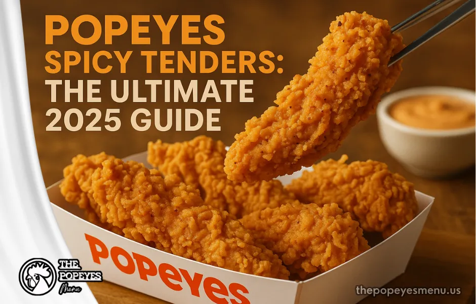 A close-up of crispy, golden Spicy Tenders Popeyes in the classic box, with text: The Ultimate 2025 Guide.