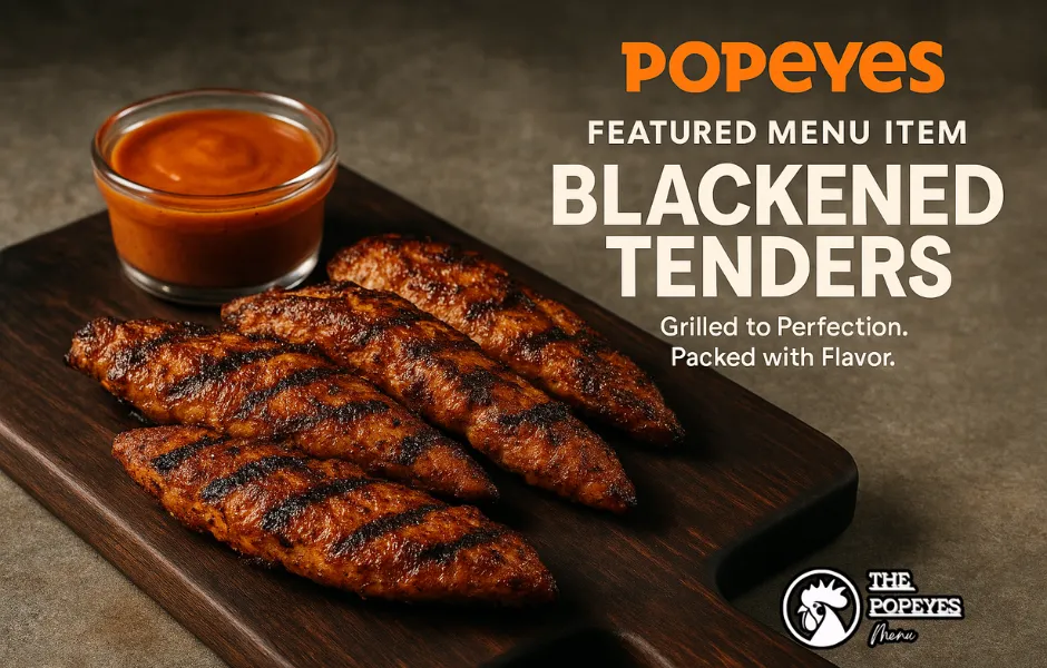 Close-up, professional photo of Popeyes Blackened Tenders on a wooden board. Juicy, grilled chicken strips with Cajun spices, featured as the weekly menu item. Includes a side of dipping sauce.
