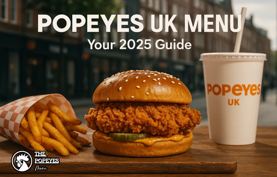 Popeyes UK Spicy Chicken Sandwich and Cajun Fries (the cover image of the Popeyes UK Menu menu with prices.)
