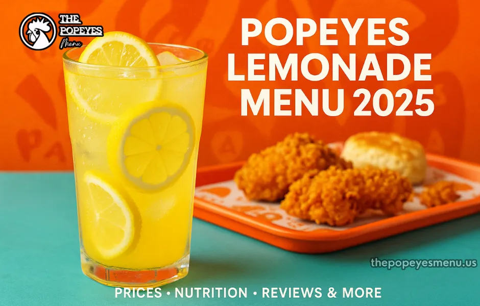 A refreshing glass of Popeyes lemonade with ice and lemon slices, styled with Popeyes brand colors, featuring the text 'Popeyes Lemonade Menu 2025 – Prices, Nutrition, Reviews & More'.