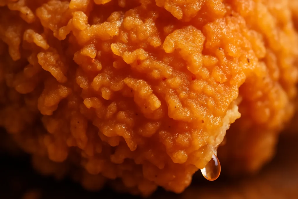 Extreme close-up of the crispy, golden-brown crust on Popeyes fried chicken. Why People Are Asking that Does Popeyes Use Beef Tallow?
