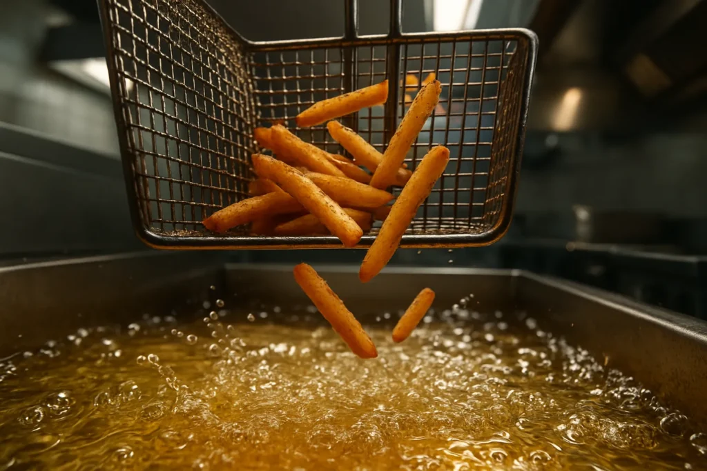 A basket of Popeyes Cajun fries being lowered into a shared deep fryer with hot oil.