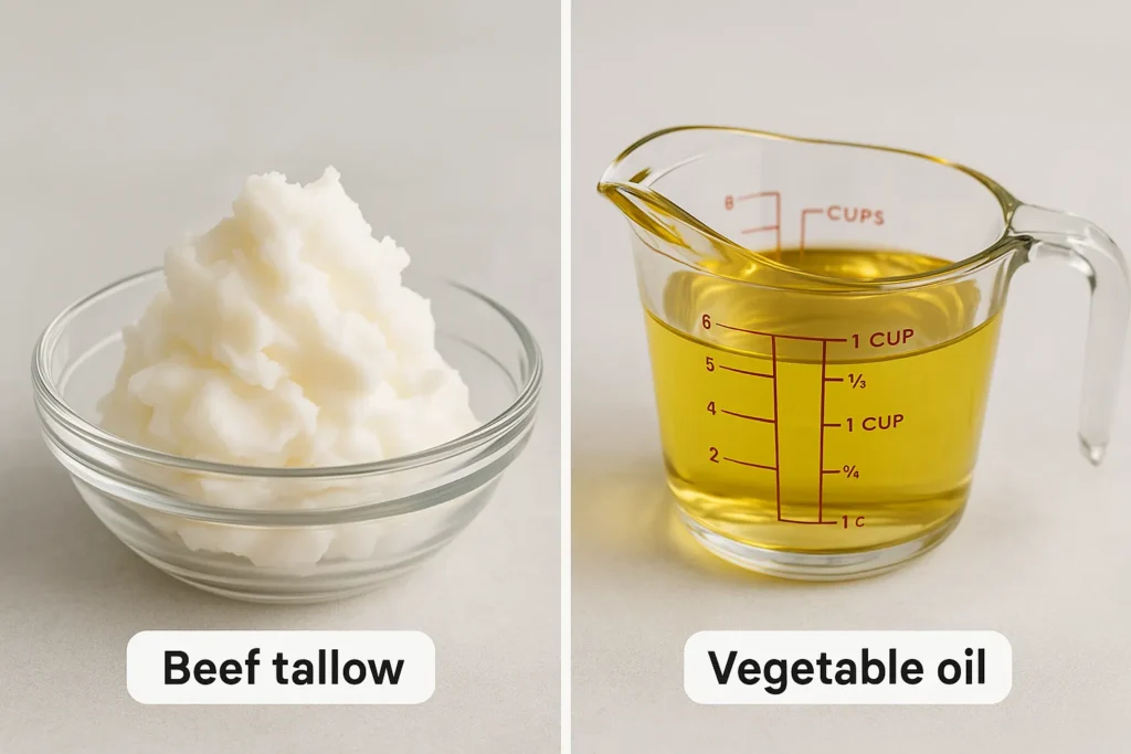 A visual comparison of solid beef tallow in a bowl versus liquid vegetable oil in a measuring cup.