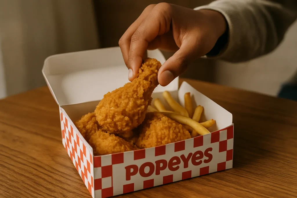 A person's hand selecting a piece of Popeyes chicken from a take-out box.