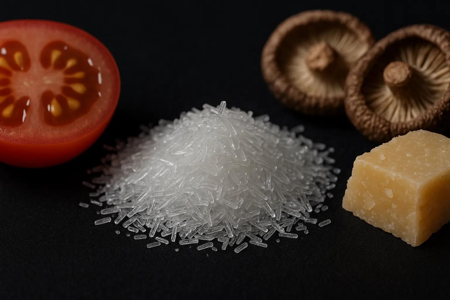 Close-up of MSG crystals next to natural glutamate sources like tomato, cheese, and mushrooms.
