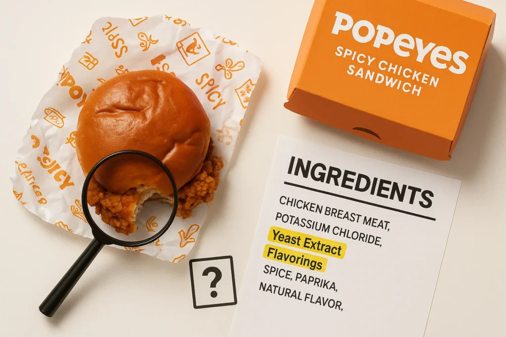 Does Popeyes Use MSG? The Evidence: An overhead view of a Popeyes chicken sandwich with a magnifying glass and an ingredient list, suggesting an investigation into its contents.