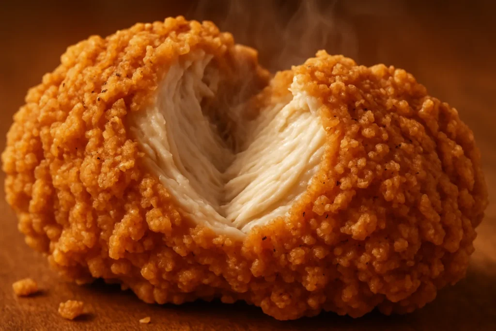 Extreme close-up of a piece of Popeyes fried chicken, showcasing its juicy interior and seasoned, crispy coating.