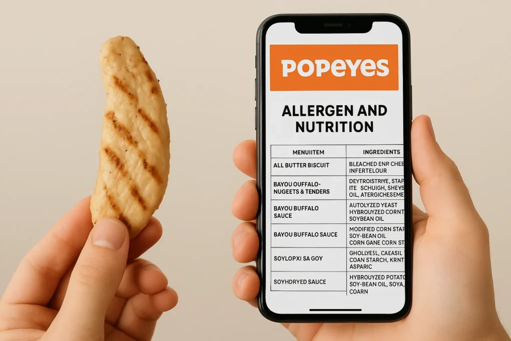 A person using their phone to check Popeyes' online ingredient information while holding a plain grilled chicken tender.
