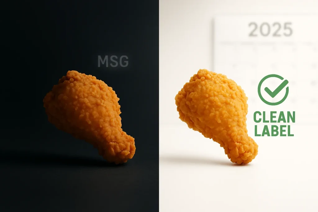 A conceptual image comparing current Popeyes chicken with MSG to a future "clean label" version, symbolizing the planned phase-out.