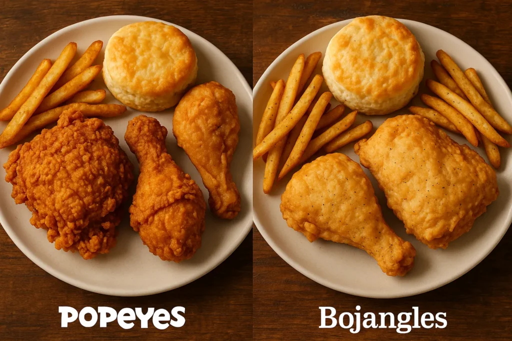Close-up comparison of Popeyes spicy fried chicken and Bojangles peppery fried chicken on wooden plates.