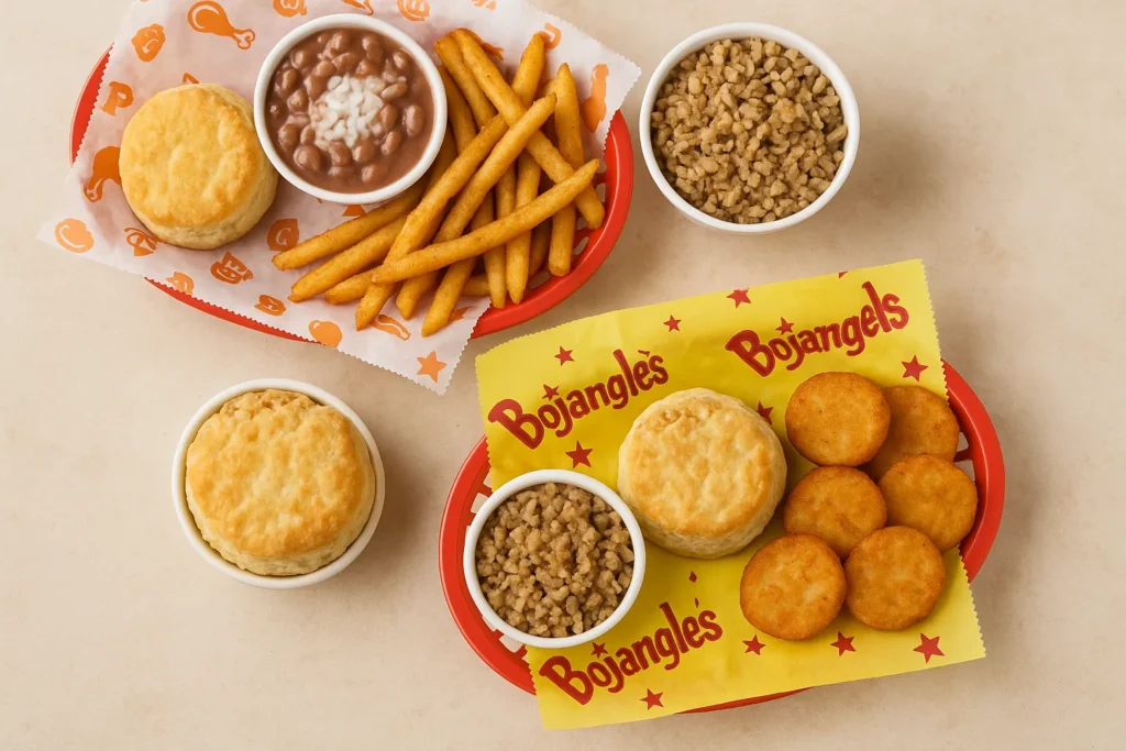 A flat-lay of Popeyes and Bojangles sides, including biscuits, fries, and signature rice dishes.