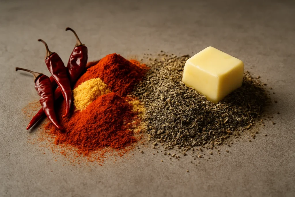 Artistic shot of Cajun spices for Popeyes and peppery, buttery seasonings for Bojangles.