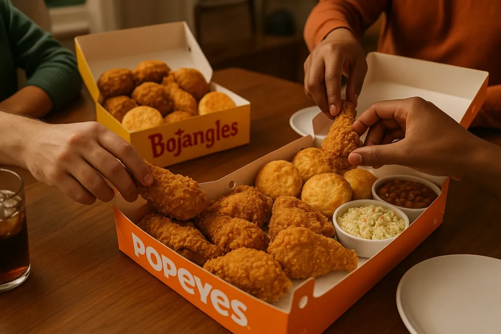 A family sharing a Popeyes fried chicken meal, with a Bojangles meal in the background.
