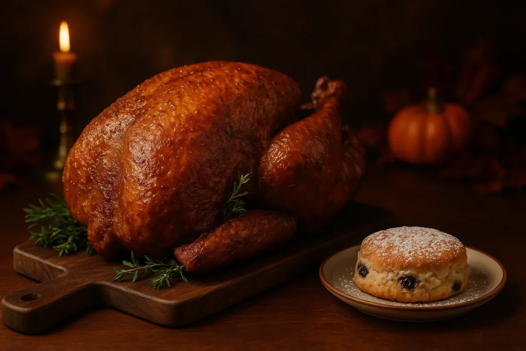 A golden, deep-fried Popeyes Cajun turkey and a powdered Bojangles Bo-Berry Biscuit on a festive table.