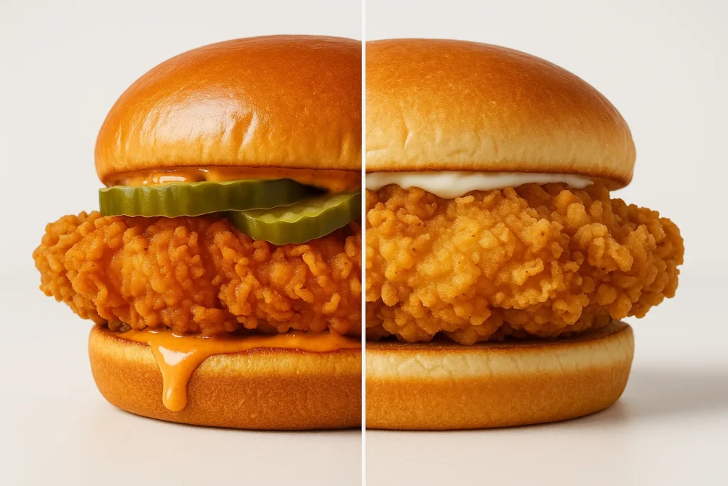 A split-screen view comparing the Popeyes chicken sandwich and the Bojangles chicken sandwich.