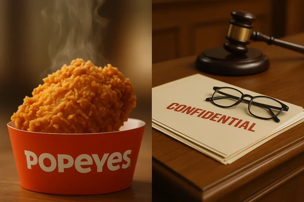 Popeyes Chicken Lawsuit - Contrasting concepts of delicious fried chicken and legal courtroom documents.
