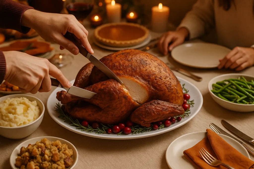 A golden, juicy Popeyes Cajun Turkey being carved at a festive Thanksgiving dinner table.
