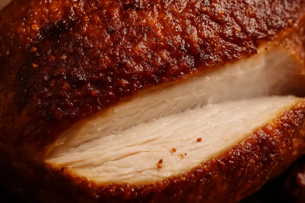 Extreme close-up of Popeyes Cajun Turkey showing crispy, seasoned skin and juicy, tender meat.