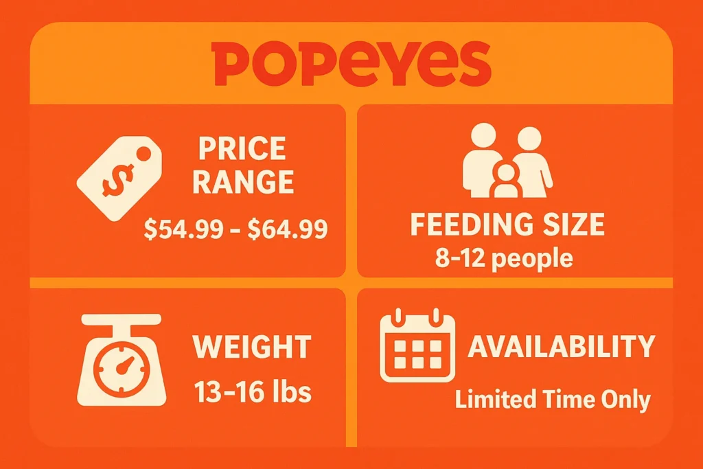 Infographic showing Popeyes Cajun Turkey 2025 price, size, and availability details.