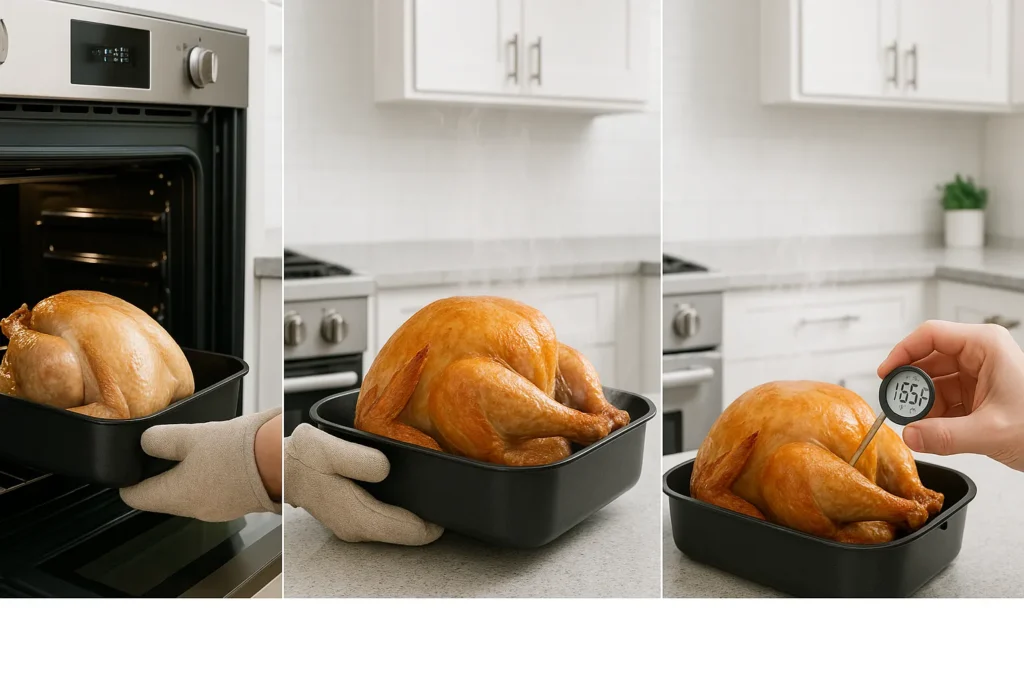 Step-by-step images showing how to reheat a pre-cooked Popeyes Cajun Turkey in the oven.