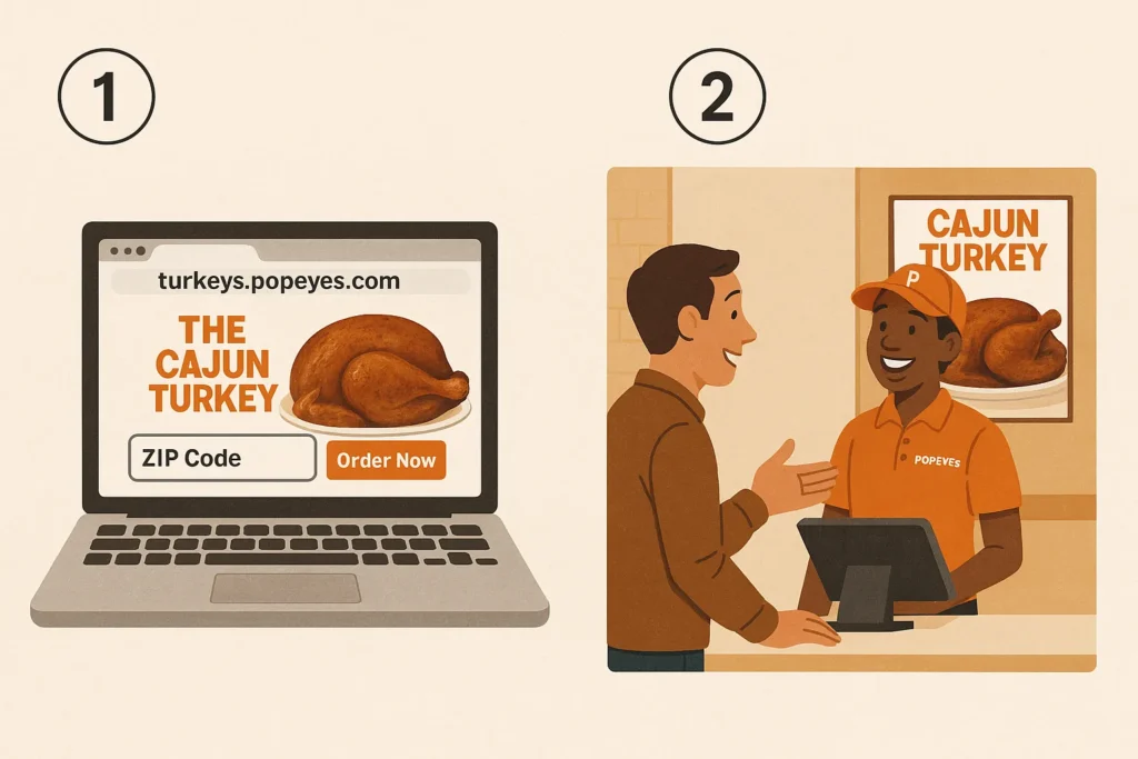 Visual guide on how to order a Popeyes turkey online on a laptop or in-person at a store.