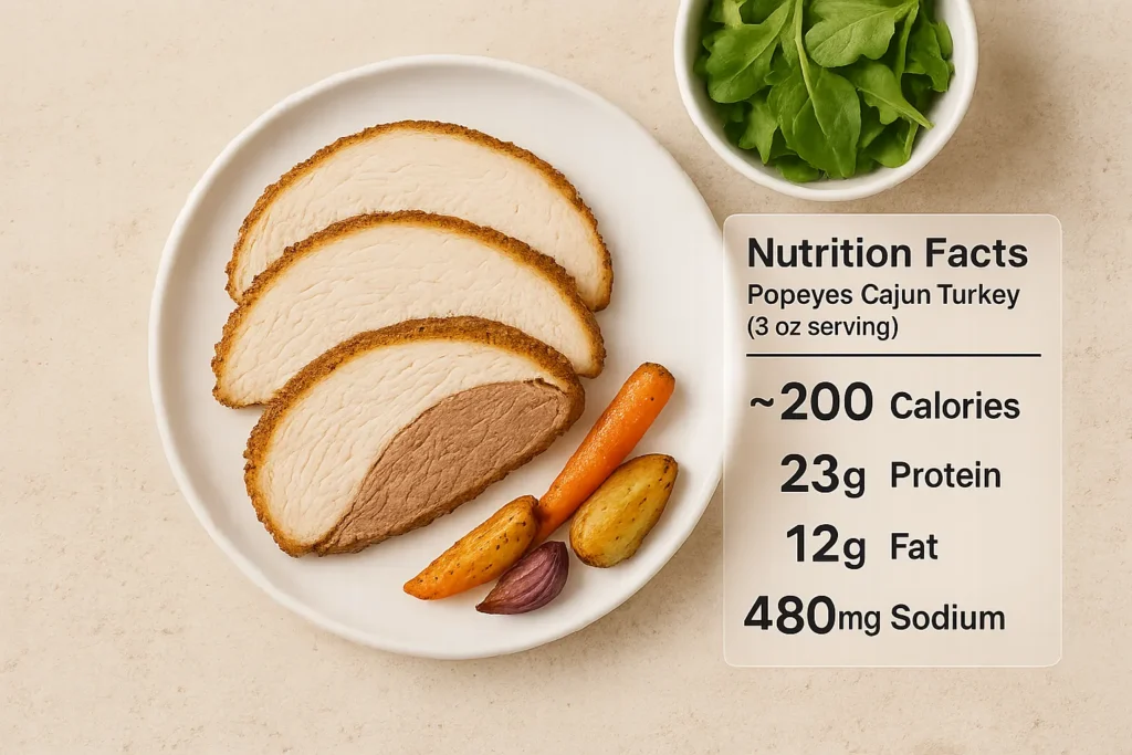 A serving of Popeyes Cajun Turkey with a side salad and its nutritional information.