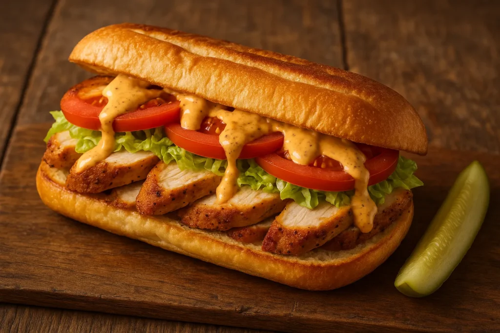 A Cajun turkey po' boy sandwich made with leftover Popeyes Cajun Turkey