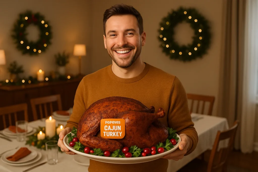A happy and relaxed host presenting a perfectly cooked Popeyes Cajun Turkey for Thanksgiving.