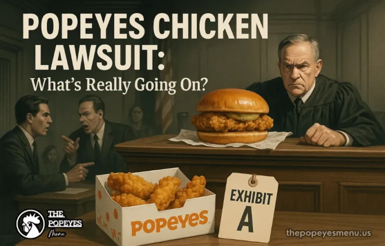 Popeyes Chicken Lawsuit - Cover image depicting a courtroom scene with Popeyes food as evidence.