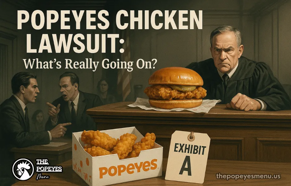 Popeyes Chicken Lawsuit - Cover image depicting a courtroom scene with Popeyes food as evidence.