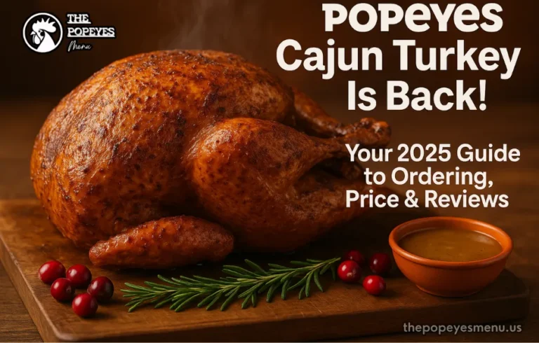 A perfectly cooked, golden-brown Popeyes Cajun Turkey resting on a rustic wooden cutting board, with steam rising from the juicy meat.