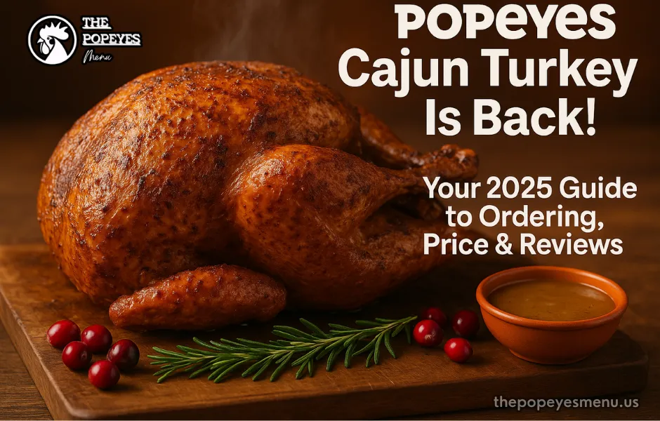 A perfectly cooked, golden-brown Popeyes Cajun Turkey resting on a rustic wooden cutting board, with steam rising from the juicy meat.