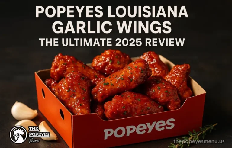 A bold, open red box of Popeyes Louisiana Garlic Wings, showcasing their glossy, saucy texture, with the article title overlay.