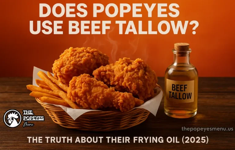 Crispy Popeyes fried chicken and fries next to a container of beef tallow, with the title "Does Popeyes Use Beef Tallow?"