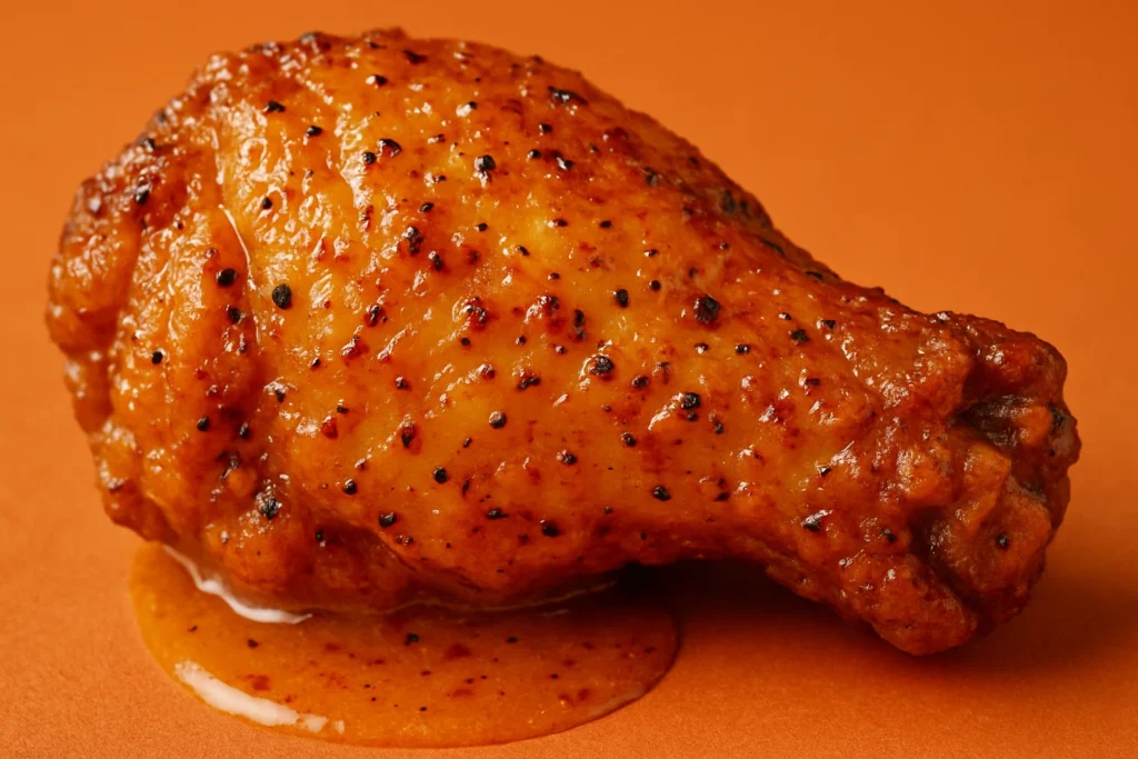 Extreme close-up of a Popeyes Louisiana Garlic Wing showing the crispy skin and Cajun spices in the buttery sauce.