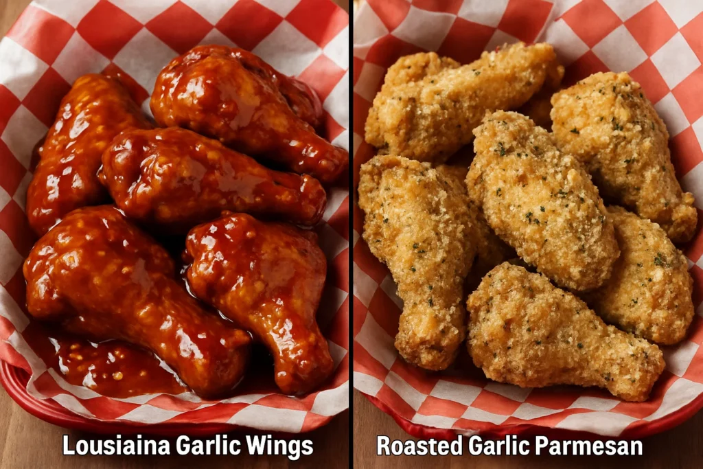 Side-by-side comparison of Popeyes Louisiana Garlic Wings (saucy) and Garlic Parmesan Wings (dry rub).